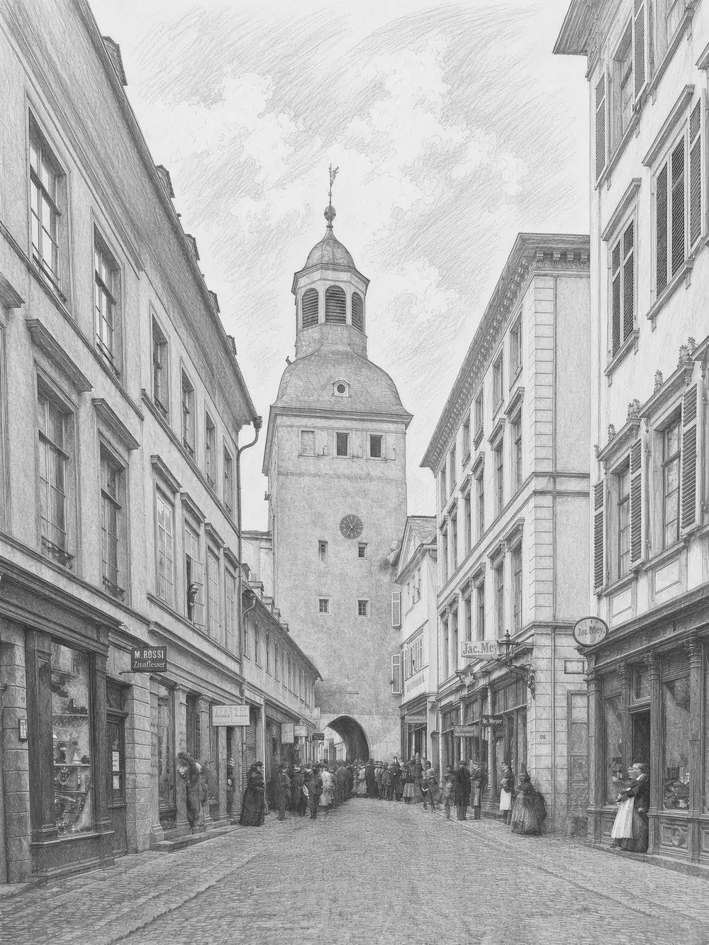 Historische Zeichnung der Marktstraße mit dem Uhrturm über der Straße